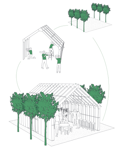 La circolarità di Spazio Wooden Houses a Fano in un'illustrazione di Sara Rombaldoni