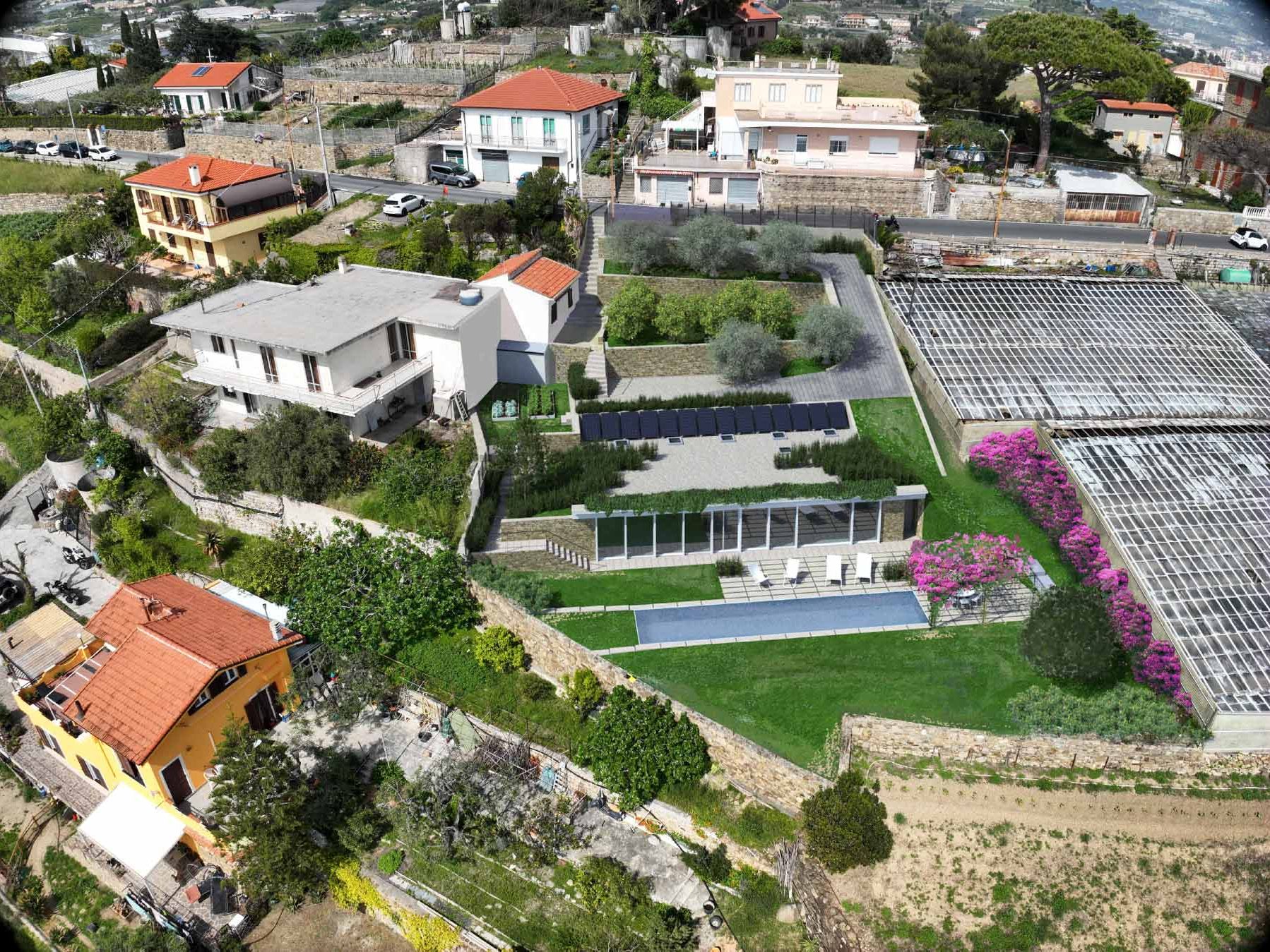 Fotoinserimento di una villa a un piano in legno, in posizione panoramica a Sanremo