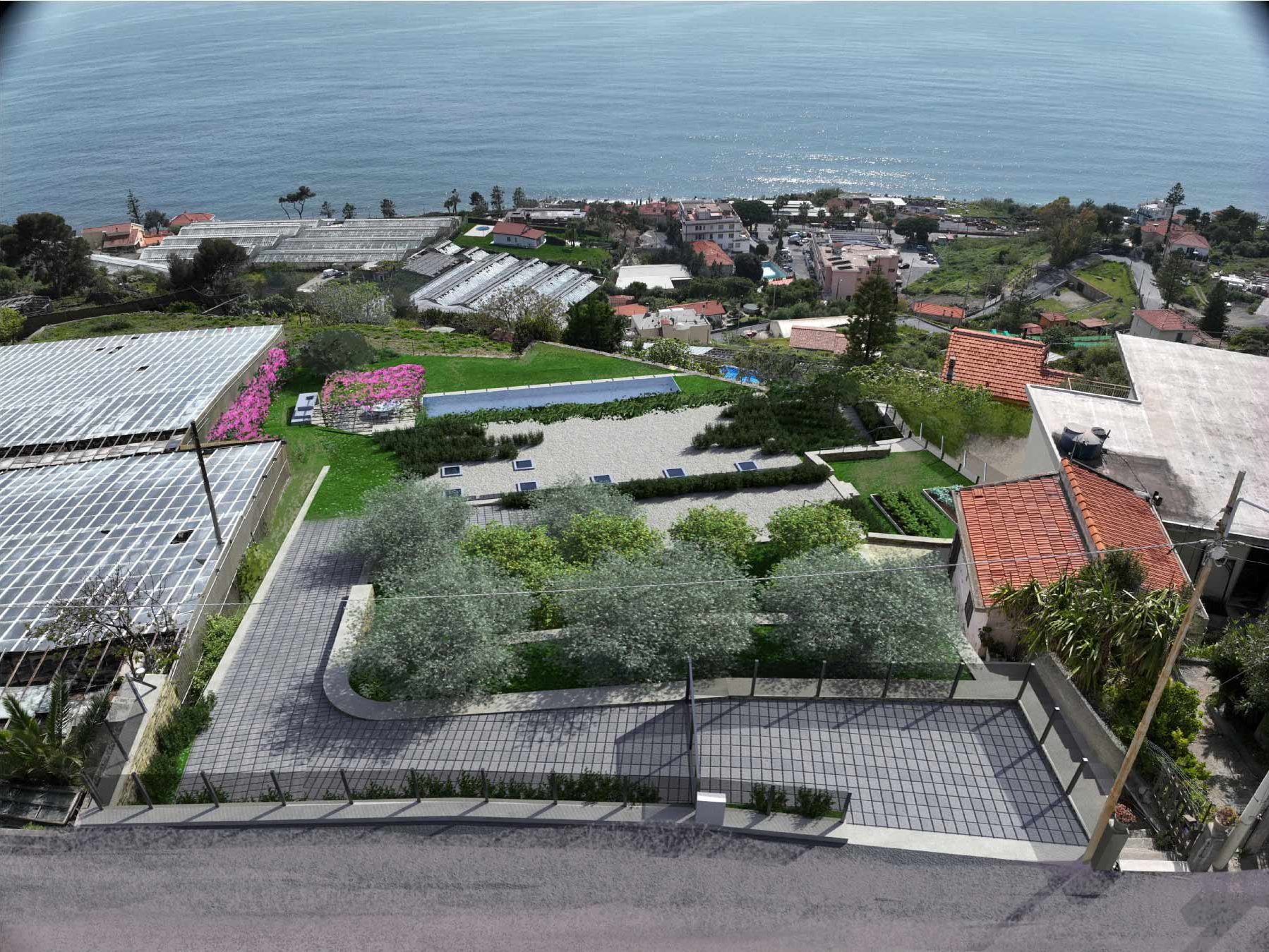 Fotoinserimento di una villa a un piano in legno, in posizione panoramica sul mare a Sanremo